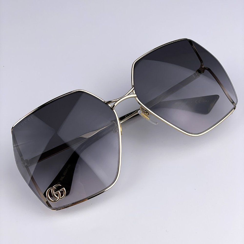 NEW Gucci Logo GG0817S 006 Gold Gray Geometric Oversized Metal Women Sunglasses - Picture 8 of 11